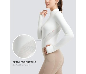 2026 Vente en gros Haut d'équitation pour femme blanc en maille respirante à demi-zip et manches longues, Vêtements d'équitation OEM ODM - Product Image 5