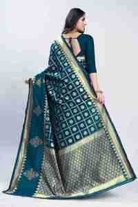 Sari de seda color verde azulado con borde dorado y motivos florales, sari para bodas y festivales, ropa tradicional india étnica para mujer - Product Image 2