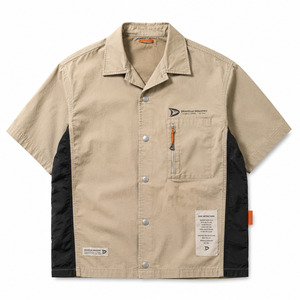 เสื้อเชิ้ตคัมป์คอลลาร์สีเบจสไตล์ยูทิลิตี้ Y2K ทรงโอเวอร์ไซส์ แขนสั้น แต่งแผงสีดำ ติดกระดุมแบบสแนป สตรีทแวร์ ขายส่ง - Product Image 3