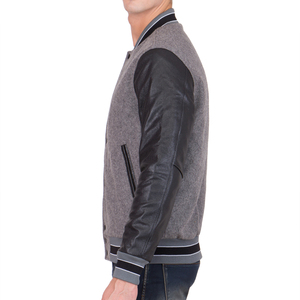Unisex Grey Black Geometric Patchwork Varsity <b>Jacket</b> Wool Sleeves Hooded Casual Baseball Style <b>Winter</b> Warm Woolen Outerwear - Product Image 2