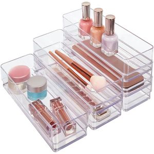 SimpleSort 6-Piece Stackable Clear Drawer Organizer Set 9\" X <b>3</b>\" X 2\" Rectangle Trays for Narrow Makeup Vanity <b>Storage</b> <b>Bins</b> - Product Image 1