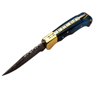 Cuchillos Plegables Hechos a Mano con Acero de Damasco, Mango de Madera Azul y Bolster de Latón, para Caza, Camping y Uso al Aire Libre - Product Image 1