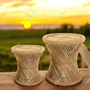 Portable Boho <b>Pouffe</b> Ottoman Set 2 Natural Bamboo Wicker Traditional Bone Inlay Console Stool for Hotel School Villa Bedroom - Product Image 4