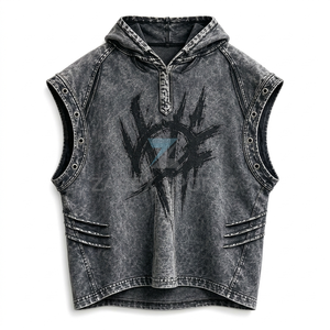 OEM ODM Men Hooded Sleeveless Vest <b>Denim</b> Style Moto Biker <b>Jacket</b> Front Print Regular Length Autumn Cotton Outer Wear in Pakistan - Product Image 1