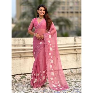 Sari de Seda Pura Chanda Kora para Mujer de Elite Weaves, Largo, con Bordado Floral, Apliques y Ribete de Bordado a Mano - Product Image 1