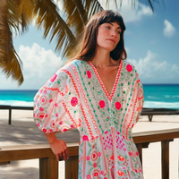 Robe maxi à col en V à imprimé mexicain unique pour femmes, manches volumineuses brodées de miroirs, robe glamour, grande taille