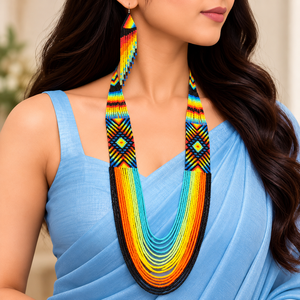 Conjunto de collar y pendientes de cuentas geométricas étnicas vintage de moda para mujer, con colgante de arcoíris colorido y pendientes colgantes a juego para fiesta - Product Image 1