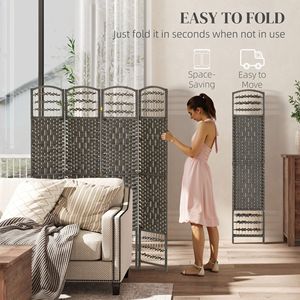 4-Panel Portable Folding <b>Screen</b> Room Divider 5.6FT Dark Gray <b>Decorative</b> Bamboo and Wood with Paper Material for Living Room - Product Image 4