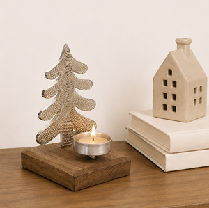 Handmade Christmas Tree Metal <b>Tea</b> Light Candle Holder With Rustic Wooden Base Premium Silver Aluminum Xmas Table Centerpiece - Product Image 6