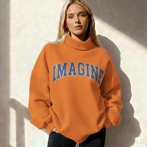 Women's Modern Oversized Turtleneck Fleece Sweatshirt Casual <b>Winter</b> <b>Top</b> Relaxed Fit Embroidered Design Customizable 100% Cotton - Product Image 2
