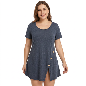 Vestido de punto casual para mujer con cuello redondo y manga corta, gris liso, corte holgado, con botones laterales y abertura, ideal para verano, teñido liso, ajuste ceñido. - Product Image 4