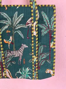 Luxury Green Quilted Cotton <b>Tote</b> <b>Bag</b> with Animal Hand Print Bohemian Style <b>Summer</b> Casual Open Shopping <b>Bag</b> for Women - Product Image 5