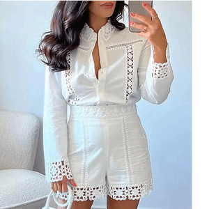 Womens White Broderie Anglaise Piece Coord <b>Set</b> Crochet Lace Inset <b>Blazer</b> Bralette and High Waist Shorts - Product Image 2