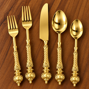 Elegant <b>Gold</b> Flatware Set With <b>Ornate</b> Handles High <b>Mirror</b> Polish Wedding Cutlery Spoon Fork Knife Metal Rust Resistant - Product Image 1