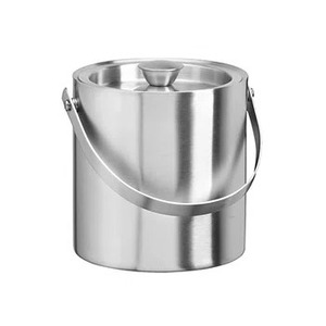 Silver Stainless Steel Round Ice <b>Bucket</b> <b>with</b> <b>Lid</b> and Handle Beverage Cooler Tub - Product Image 5