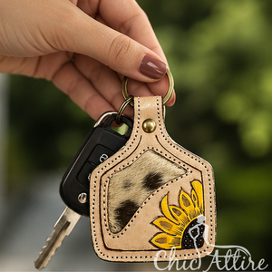 Handmade New Personalized Tooled Cowhide Leather Keychain Sunflower Western Key Fob Rustic Floral Car Key Holder Gift for Unisex - Product Image 1