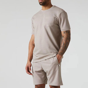 Ensemble deux pièces décontracté pour homme, gris clair, tricoté 100 % coton, respirant, écologique, sans couture, avec poche avant unie - Product Image 3