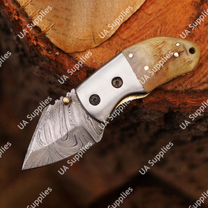 Cuchillo de Camping EDC de Acero de Damasco Hecho a Mano, Hoja Afilada como una Navaja, Mini Cuchillo de Bolsillo con Mango de Cuerno de Carnero y Funda de Cuero, Venta al por Mayor ODM/OEM - Product Image 4