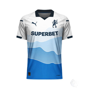 Fournisseur de t-shirts en jersey à manches courtes, col en V, 100% polyester, respirant, séchage rapide, imprimé par sublimation, dégradé bleu et blanc personnalisé. - Product Image 1