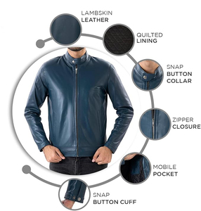 Chaqueta de Cuero Genuino para Hombre, Cuello Alto, Cierre Frontal con Cremallera, Color Azul Oscuro, Corte Ajustado, Prendas en Colores de Moda, Precio al por Mayor - Product Image 6