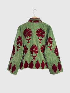 Veste en velours vert brodée à col mandarin, manches longues, motif floral, grande taille, vêtements d'automne pour femmes - Product Image 2