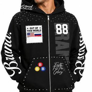 Wholesale Custom Luxury Rhinestones Graphic <b>Zip</b> up Hoodie Heavyweight Streetwear Men's Hoodies Private Label OEM ODM Manufacture - Product Image 4