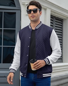 <b>Men's</b> Navy Blue Varsity <b>Jacket</b> Solid Color Button Closure Turn-down Collar Casual Style Autumn Wear Regular Fit - Product Image 2