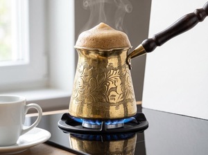 หม้อกาแฟตุรกีแบบวินเทจทำจากสแตนเลส พร้อมด้ามจับทองเหลืองยาวลายนูน สำหรับใช้กับเตา - Product Image 3