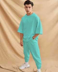Conjunto Deportivo Informal para Hombre, Gris, de Algodón, Manga Tres Cuartos, Cuello Redondo, Corte Holgado, Color Sólido, Cintura Elástica - Product Image 4