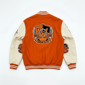 Chaqueta Varsity Kings of Concrete para Hombre, Diseño de Parches en Naranja y Crema, Estilo Urbano, Bordado, Corte Regular, Cuello Camisero - Product Image 2
