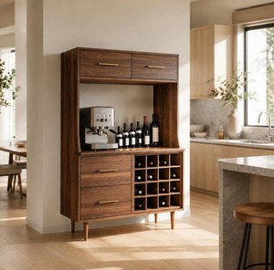 Modern Solid Teak <b>Bar</b> <b>Cabinet</b> with Wine Storage and Coffee Station with Drawers Freestanding Console - Product Image 1