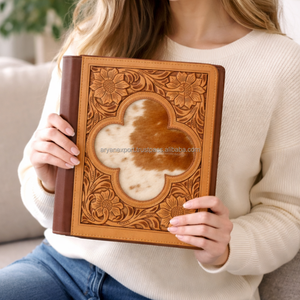 Western Tooled <b>Leather</b> Portfolio <b>Folder</b> with Hairon Inlay Premium Handmade Executive Organizer Trendy <b>A4</b> File Business Gifts - Product Image 3