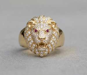 Anillo de Hombre con Cabeza de León 3D, Anillo de Hip Hop con Diamante de Corte Redondo Moissanite, Plata 925 Original con Baño de Oro, Regalo para Amigos - Product Image 1