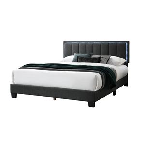 Letto matrimoniale Queen Size con illuminazione a LED, completamente imbottito, in tessuto di lana color antracite e capitonné a canale, 1 pezzo - Product Image 6