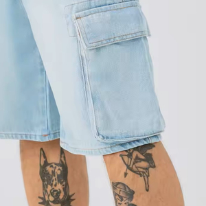 Shorts en jean décontractés pour hommes, taille mi-haute élastique, coupe ample en coton, longueur genou, bleu délavé, pour l'été et le quotidien - Product Image 6