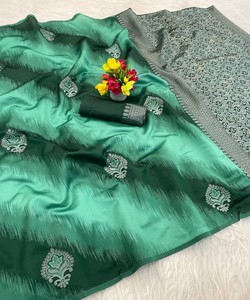 Sari de seda elegante con bordado Mina Zari y blusa sin coser, para fiestas y uso moderno, precio al por mayor, prenda étnica, verde - Product Image 1