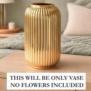 Vase de table en céramique mat côtelé doré, fait main, style nordique floral, moderne et minimaliste, pour décoration de mariage - Product Image 4