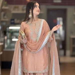 Women's Traditional Silk Salwar Kameez Beautiful Embroidery Heavy Beads Work Knee-Length Party Suit <b>Set</b> Indian Pakistani - Product Image 1