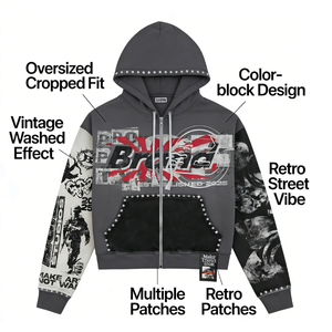 Sweat à capuche unisexe oversize en coton avec fermeture éclair, motif graphique personnalisé en strass, coupe carrée, effet délavé, style streetwear - Product Image 3