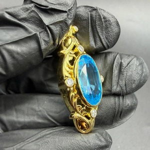 Anillo vintage chapado en plata 925 con piedra preciosa azul ovalada y detalles de diamantes, joyería para mujer - Product Image 5