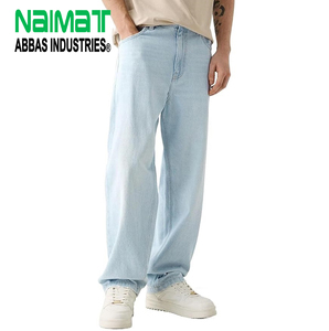 Men Light Blue Baggy <b>Denim</b> Jeans Loose Fit Straight Leg Cotton Trousers Casual Hip Hop Fashion Wide Leg Pants - Product Image 1