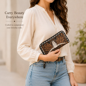 Cartera de Cuero Genuino Premium con Cierre de Cremallera, Diseño de Calavera de Toro Longhorn Grabado a Mano, Cartera Tipo Clutch para Mujer, Organizador de Viaje - Product Image 2