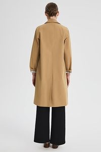 Manteau long élégant pour femme, couleur camel unie, manches longues, col à revers, fermeture boutonnée, vêtement d'extérieur pour l'automne - Product Image 4