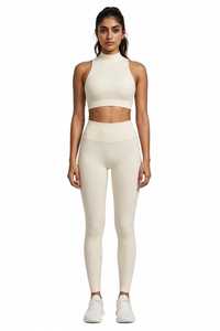 Ensemble 2 pièces : Legging côtelé taille haute et crop top sans manches col rond, couleur unie, respirant, tenue de sport - Product Image 3