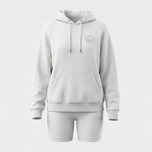 Women's <b>2</b> <b>Piece</b> Hooded Sweatshirt and Shorts <b>Set</b> Solid <b>White</b> Fleece Casual Loose Fit Above Knee Length Full Sleeve Top With - Product Image 1