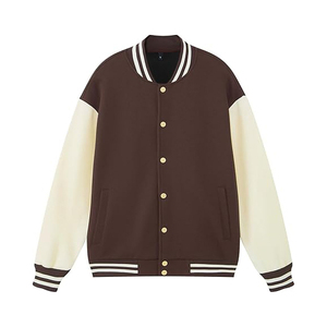 Veste varsity marron pour homme avec manches crème, boutonnée sur le devant, style décontracté pour l'automne, coupe classique, col rabattu, veste varsity pour homme - Product Image 1