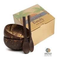 Ensemble de bols en noix de coco polis Artex Quang Phu avec cuillères et fourchettes en bois, sous-verres, faits à la main, écologiques, design bohème, prêts pour les fêtes