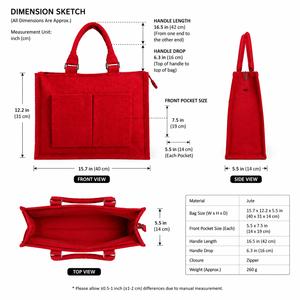 Red Jute Tote Bag With Zipper Closure And Front Pockets Minimalist Design For Daily Use - Product Image 2