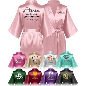 Personalized Pink <b>Satin</b> Bridesmaid <b>Robe</b> Short Sleeve Mandarin Collar Knee Length Heat Transfer Printing Back Logo Women's Elegan - Product Image 1
