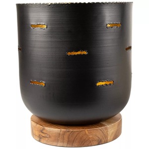 Black Iron <b>Lantern</b> with Gold Accents and <b>Wooden</b> Base for Home Decoration - Product Image 6